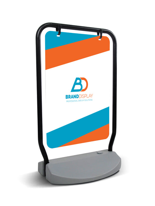 Colorful sidewalk sign stand with logo on a white background